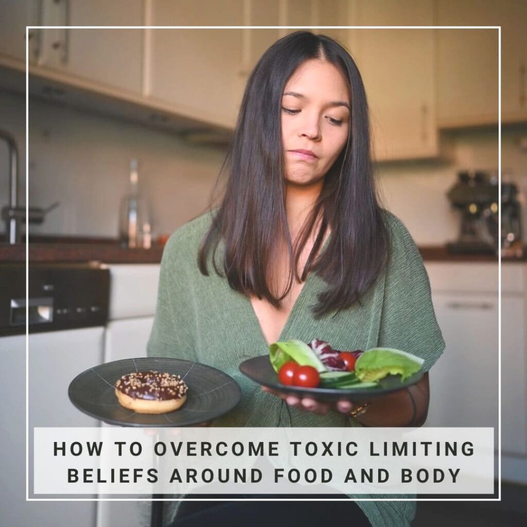 Stefanie Grace with a doughnut and salad - diet culture, toxic limiting beliefs around food and body